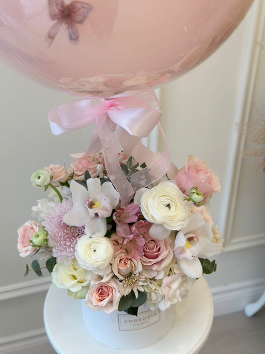 A Custom Celebration Floral Hat Box with Balloon