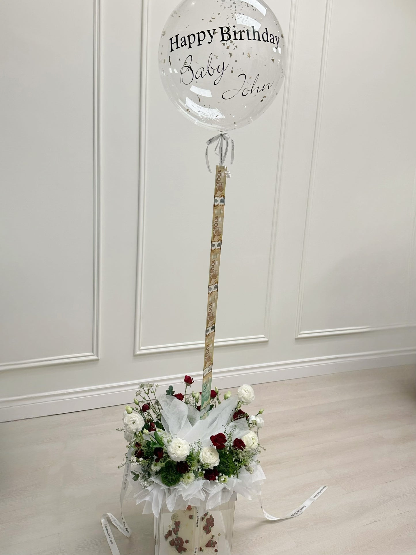 Customize Hellium Bobo Balloon and Flower Arrangment