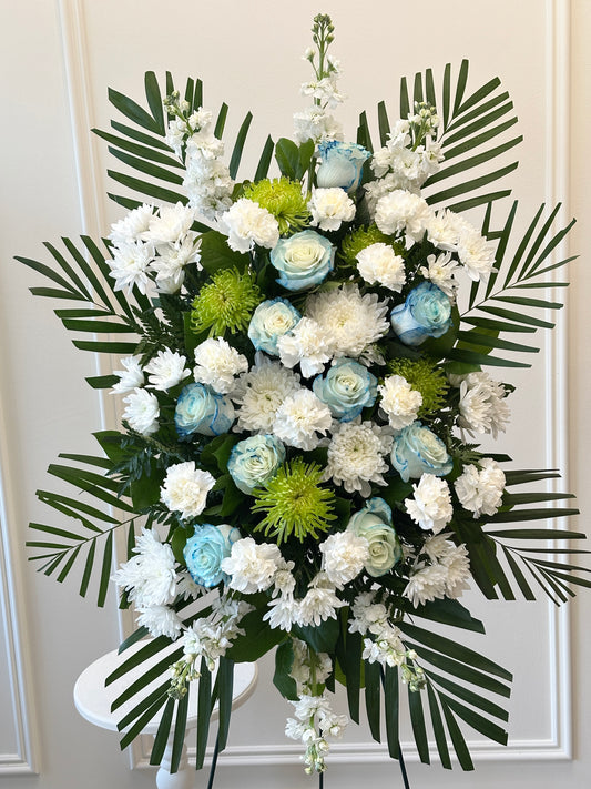 Deepest Sympathy Blue & White Standing Spray