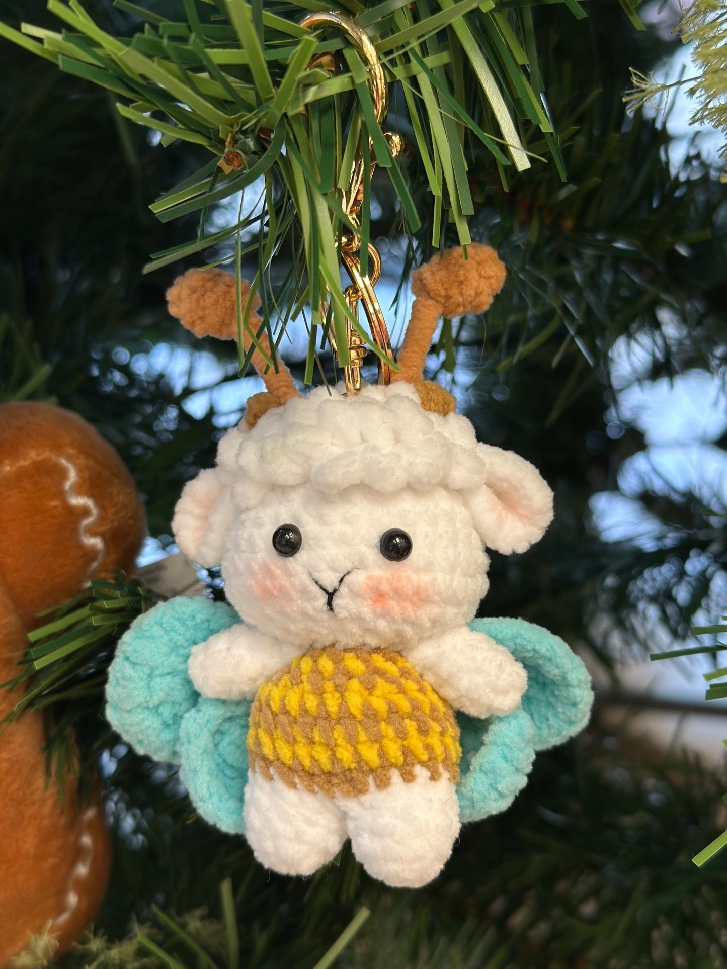 A Crochet Sheep Bee Ornament Keychain, Bag Charm, Car Hanger