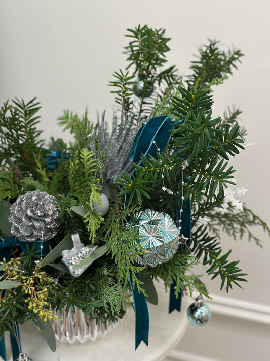 2025 Winter Silver Evergreen Centerpiece