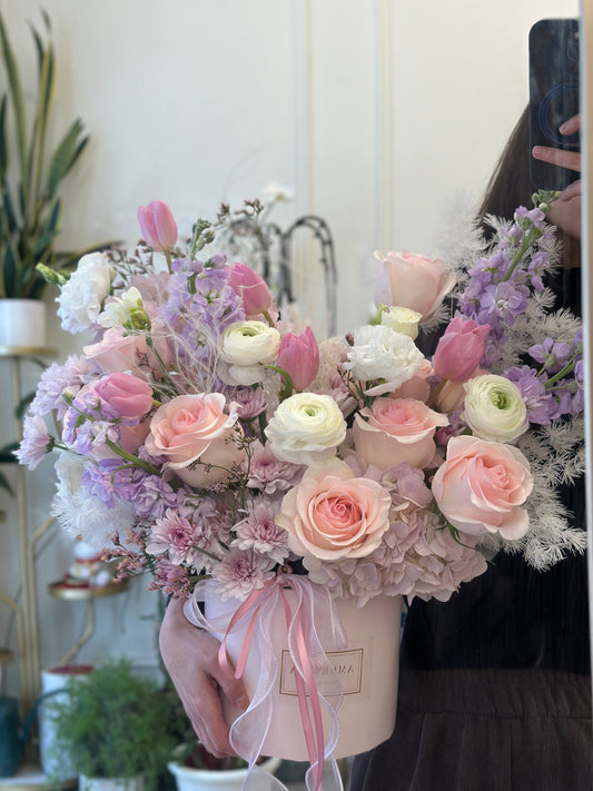 A Pastel Garden Hat Box – Pink & Purple or Pink & Blue Flowers