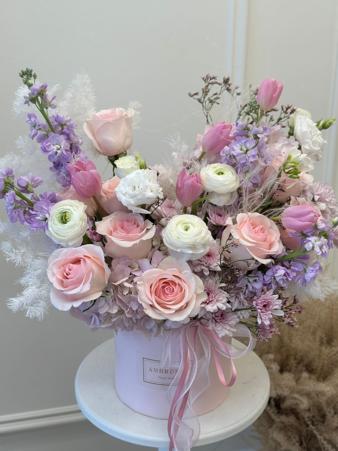 A Pastel Garden Hat Box – Pink & Purple or Pink & Blue Flowers