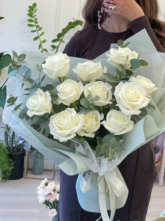 A Serene Whisper – White Rose & Eucalyptus Bouquet