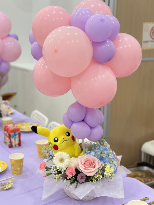 Party Balloon Center Piece with plushy toy and fresh flowers
