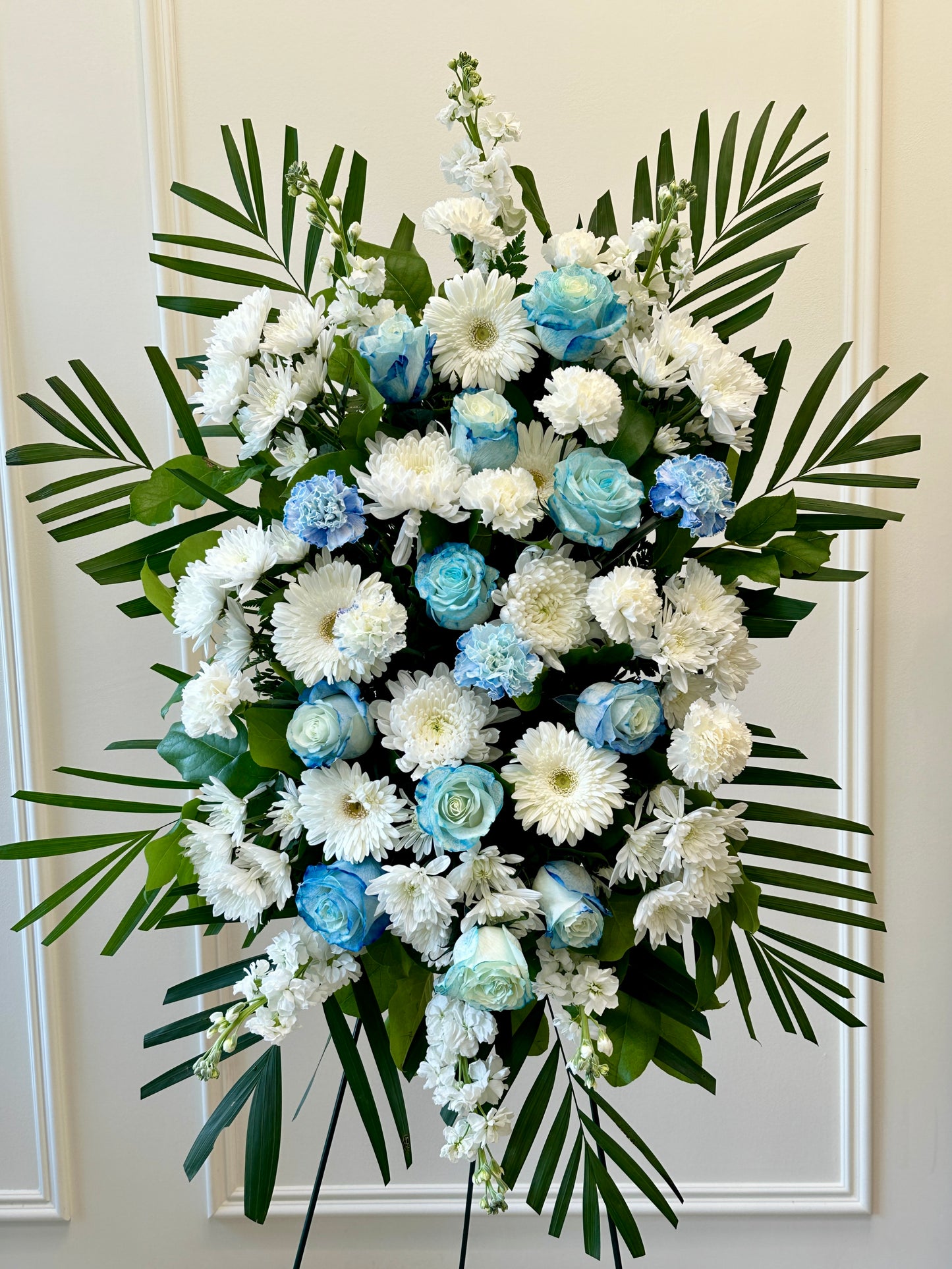 Deepest Sympathy Blue & White Standing Spray