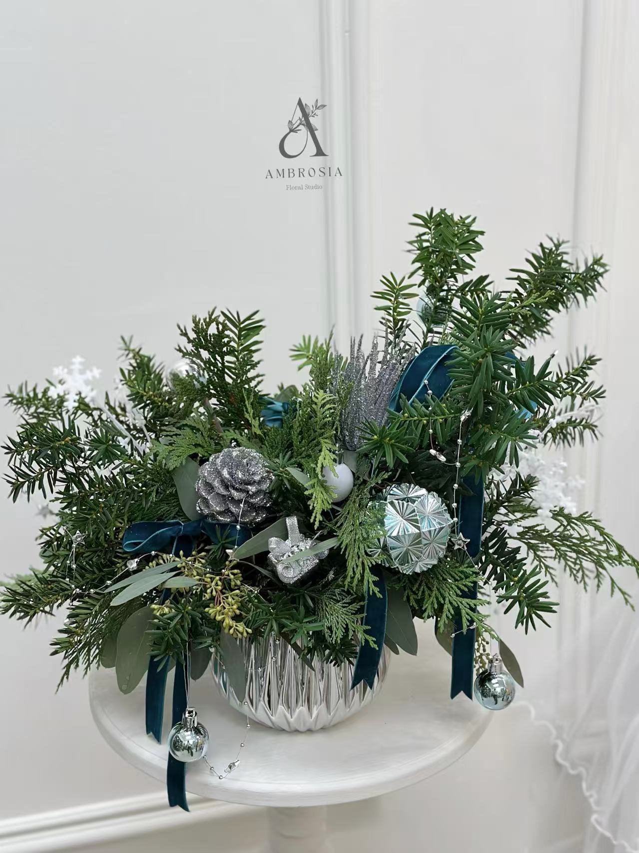 2025 Winter Silver Evergreen Centerpiece