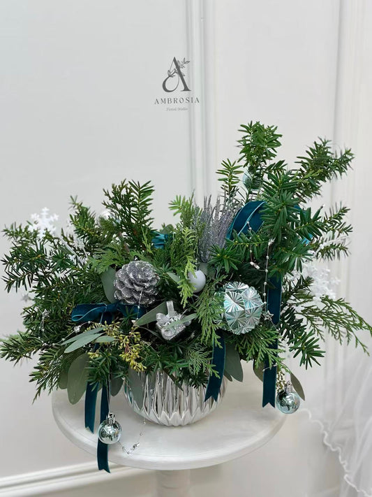 2025 Winter Silver Evergreen Centerpiece