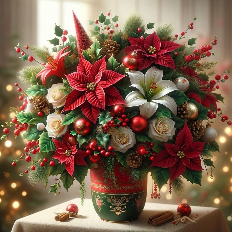 Christmas bouquet featuring a vibrant mix of traditional holiday colors