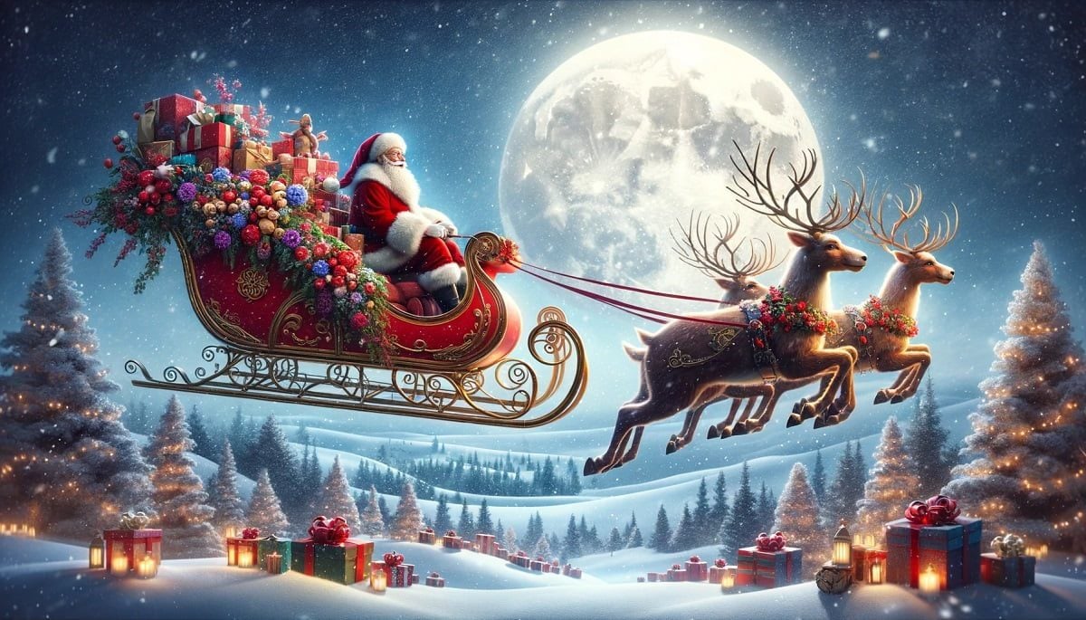 Santa Claus in his sleigh, flying through a snowy night sky.